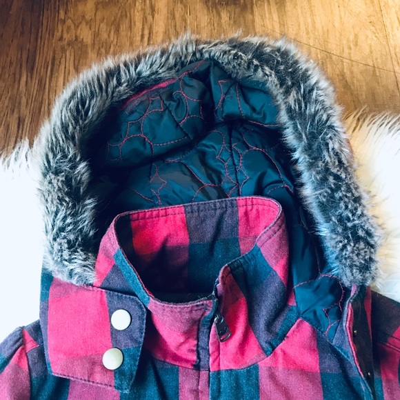 Roxy Jacket Buffalo Plaid Red Brown Fur Trim Small - Picture 3 of 12